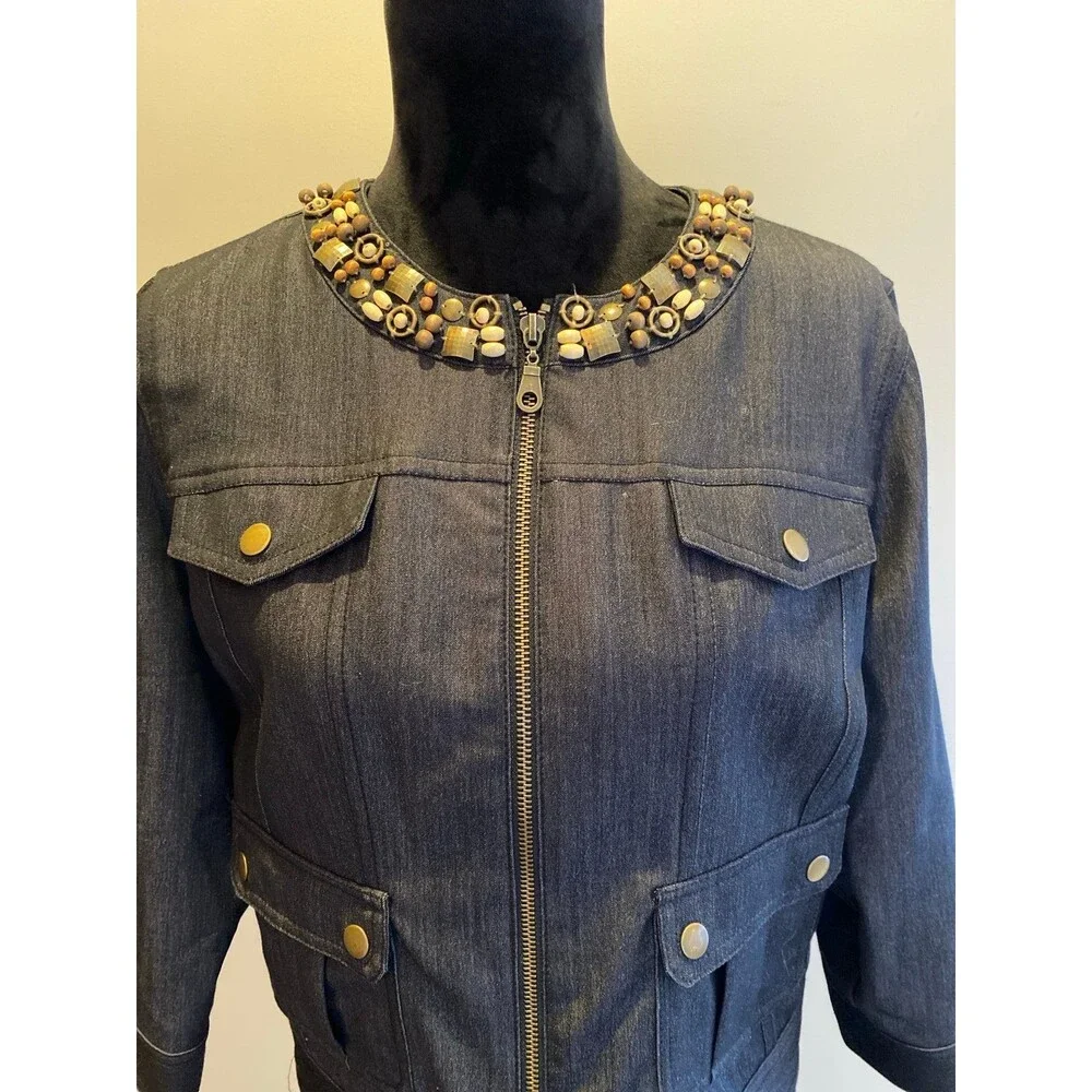 Ruby Rd. Jacket Womens Light Denim‎  Size 14 P Embellished Neckline Zipper Front